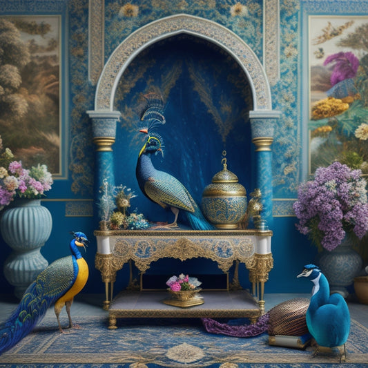 A whimsical illustration of a lavish Middle Eastern-inspired setting: ornate tiles, intricate arches, and a majestic peacock perched atop a grand piano, surrounded by fluttering silk fabrics and exotic flowers.