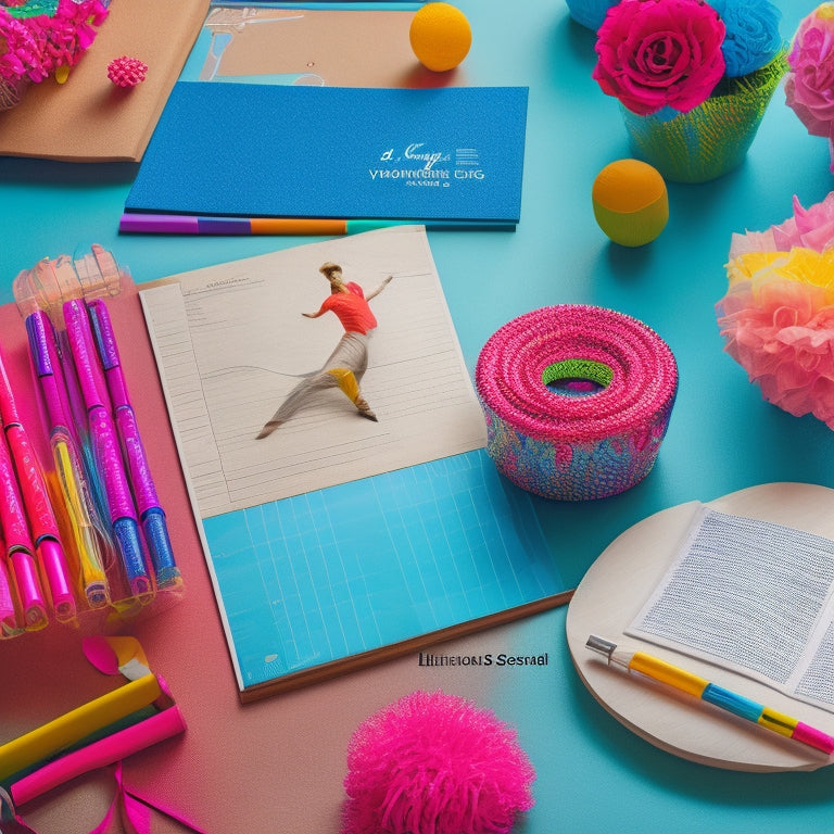 A vibrant, colorful illustration of a dance studio with a planner and colorful pens scattered on a table, surrounded by dancing silhouettes and inspirational notes on a bulletin board.