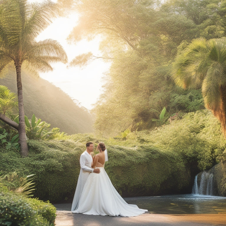 A serene, sun-kissed Hawaiian landscape with lush greenery, swaying palm trees, and a tranquil waterfall, featuring a elegant, ivory-white wedding arch adorned with tropical flowers and delicate draping.