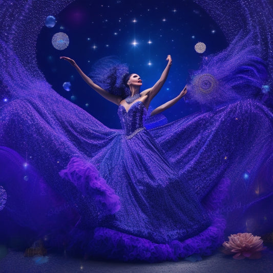 A whimsical illustration of a dancer surrounded by swirling fabrics, sequins, and beads, with design elements and digital tools orbiting around, set against a dark blue or purple background with subtle sparkle effects.