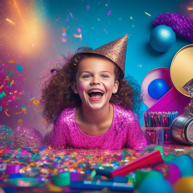 A colorful, whimsical illustration of a smiling kid surrounded by dance-inspired makeup tools, glitter, and confetti, with a sparkly dance floor and disco ball in the background.