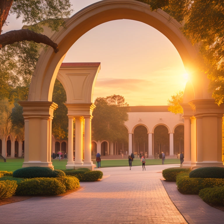 A serene, modern university campus at sunset, with a majestic archway entrance, lush greenery, and students of diverse ages and cultures walking together, surrounded by subtle, glowing lightbulbs.