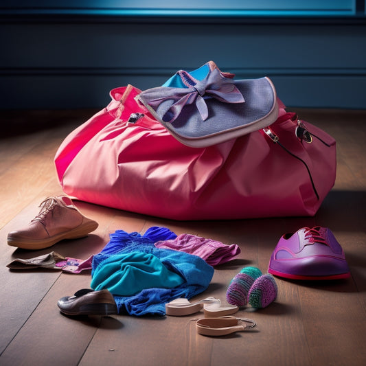 A messy dance bag with scattered dance shoes, crumpled up dance clothes, and tangled accessories, alongside a clean and organized dance bag with neatly arranged shoes and folded clothes.