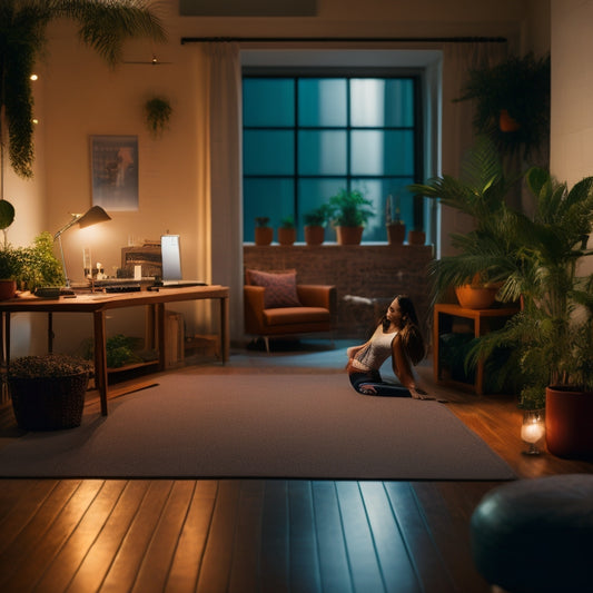 A serene, dimly lit home studio with a wooden floor, a few yoga blocks, and a laptop open to a dance class on screen, surrounded by calming plants and a peaceful ambiance.