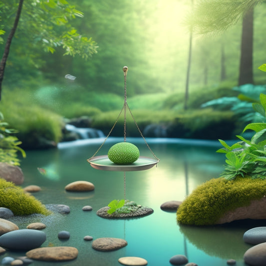 An illustration of a delicate balance scale surrounded by a whimsical, intricate network of hormone molecules, with a subtle background of a serene, natural environment featuring a gentle stream and lush greenery.