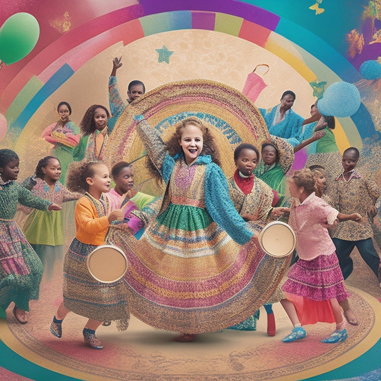 A vibrant, colorful illustration of diverse students aged 8-12 engaged in a dynamic dance circle, surrounded by drama masks, musical instruments, and swirling ribbons, with a subtle background of a school setting.