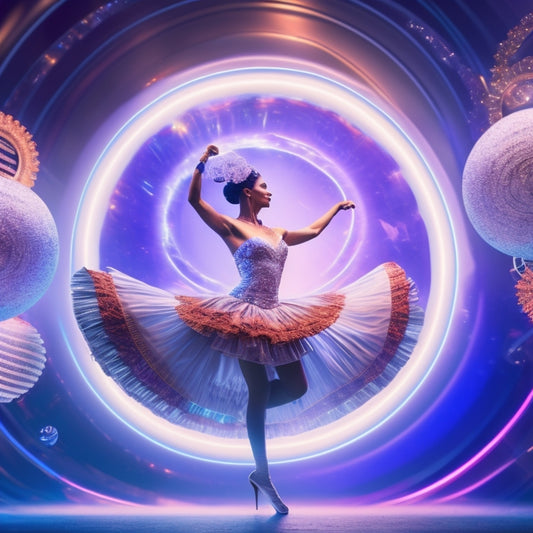 A stylized, futuristic illustration depicting a dancer in motion, surrounded by swirling vortex of musical notes, light bulbs, and gears, blending art and technology.