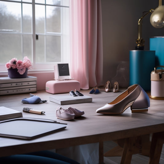 A serene, well-lit dance studio with a laptop and notebook on a desk, surrounded by dance shoes, a mirror, and a ballet barre, with a subtle gradient of pastel colors in the background.