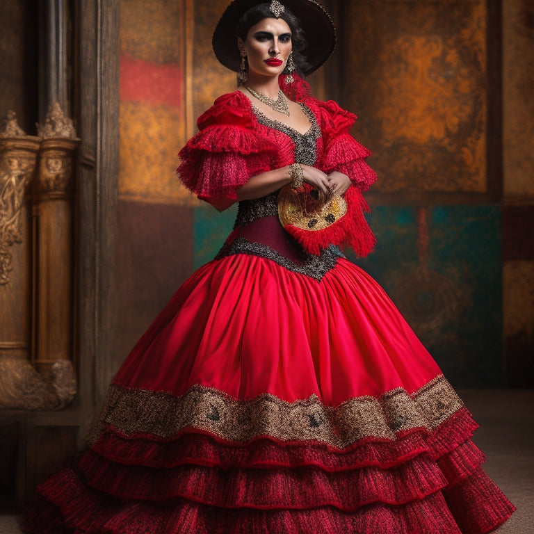 Vibrant flamenco dress with ruffled layers in red and black, adorned with delicate lace, a bullfighter's traje de luces in gold and silver, and traditional Spanish castanets on a rustic wooden stage backdrop.