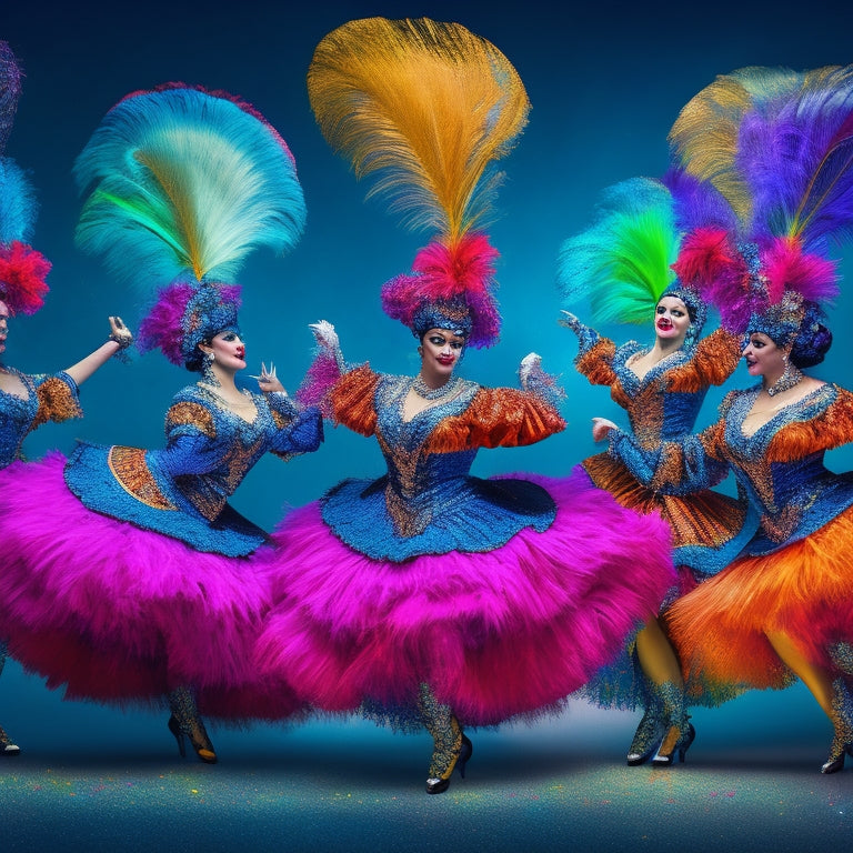 A vibrant, dynamic illustration of five Cancan dancers in mid-performance, adorned in lavish, feathered costumes, surrounded by a whirlwind of colorful fabrics, spotlights, and confetti, set against a dark, gradient blue background.