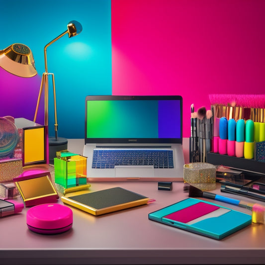 A colorful, clutter-free desk with a laptop, a makeup brush, and a few open makeup palettes, surrounded by mirrors and dance-inspired accessories, with a blurred-out dance studio background.