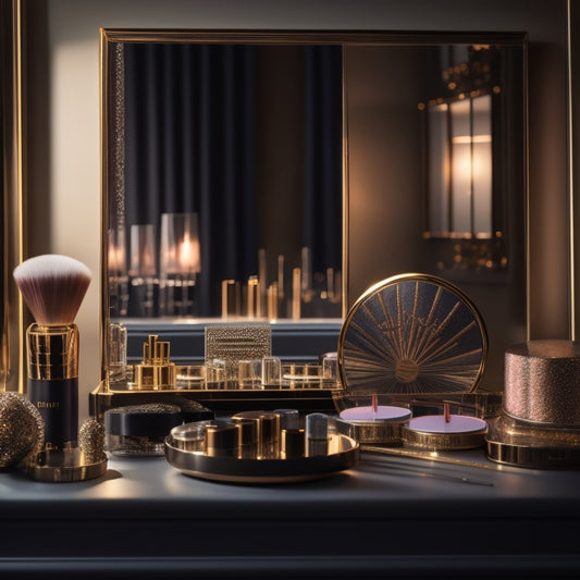 A clutter-free, well-lit vanity with a rotating makeup organizer, a set of neatly arranged brushes, a palette of shimmering eyeshadows, and a few strategically placed mirrors reflecting a dancer's face.