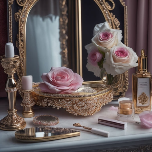 A elegant, lace-draped vanity with a ornate, golden mirror, surrounded by an assortment of luxurious makeup products, brushes, and tools, with a few scattered rose petals and a delicate, pearl necklace.