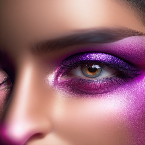 A close-up of a dancer's face, spotlight shining on flawless, glowing skin, with bold, shimmering eyeshadow in shades of purple and pink, and luscious lashes, surrounded by a soft, blurred background.