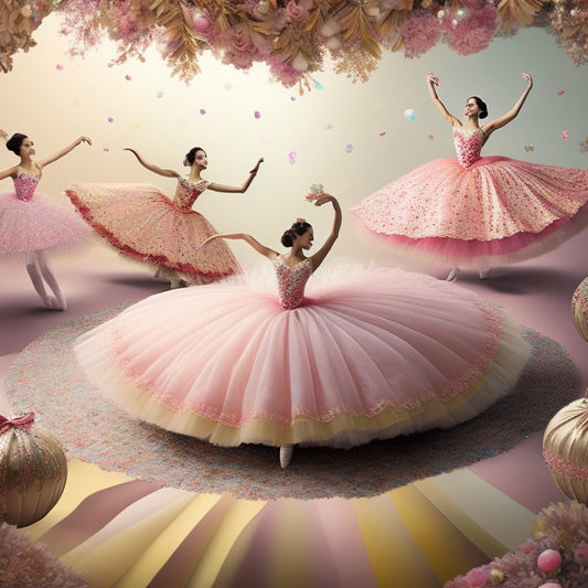 An illustration of a whimsical, dreamy background with 5-7 ballet dancer tutus in various colors, each adorned with unique patterns (floral, geometric, polka dots) as if they're dancing, swirling around each other.