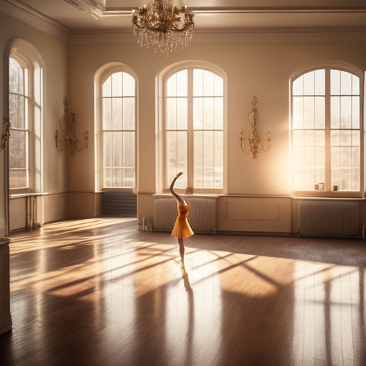 A serene, sunlit dance studio with a lone dancer in the center, surrounded by mirrors and wooden floors, performing a gentle arabesque, with a subtle warm glow and soft shadows.