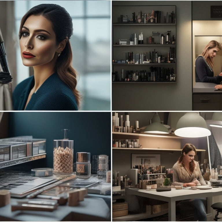 A split-screen image featuring a before-and-after transformation: a cluttered, disorganized makeup artist's workspace on the left, and a sleek, organized space with branded templates and tools on the right.