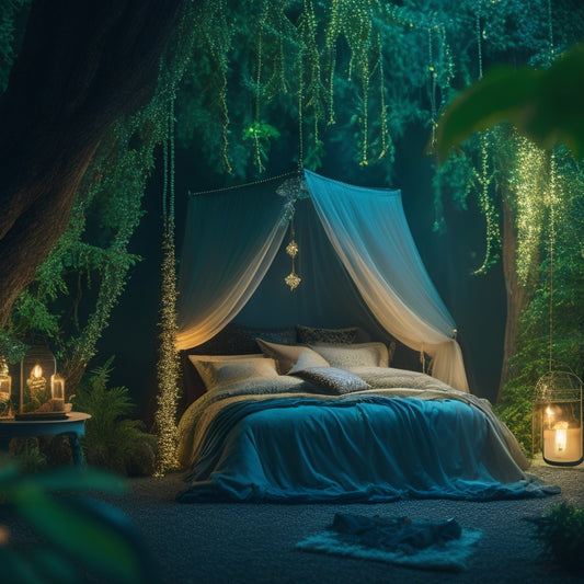 A whimsical, dreamy bedroom scene with a canopy bed, adorned with twinkling string lights, surrounded by lush greenery and fluttering butterflies, with a subtle, shimmering moonlit glow.