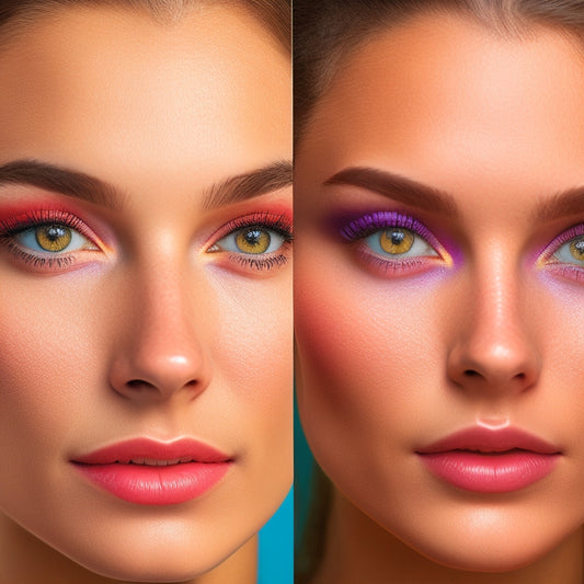 A split-face image with a bare, natural side and a vibrant, expertly-made-up side, with bold, colorful eyeshadows, luscious lashes, and a radiant, glowing complexion.