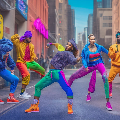 A vibrant urban street scene showcasing diverse dancers in dynamic poses, wearing stylish, functional hip hop apparel—baggy joggers, cropped hoodies, and colorful sneakers, with graffiti art and cityscapes in the background.