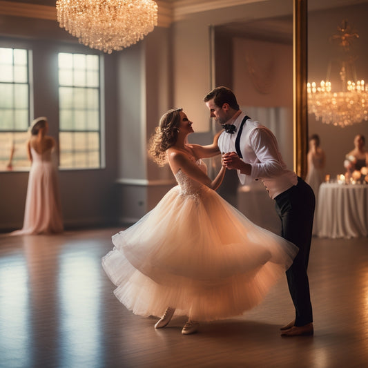 A romantic, softly-lit dance studio with a beautiful, beaming bride and groom-to-be practicing their first dance, surrounded by mirrors, ballet bars, and a few scattered rose petals.