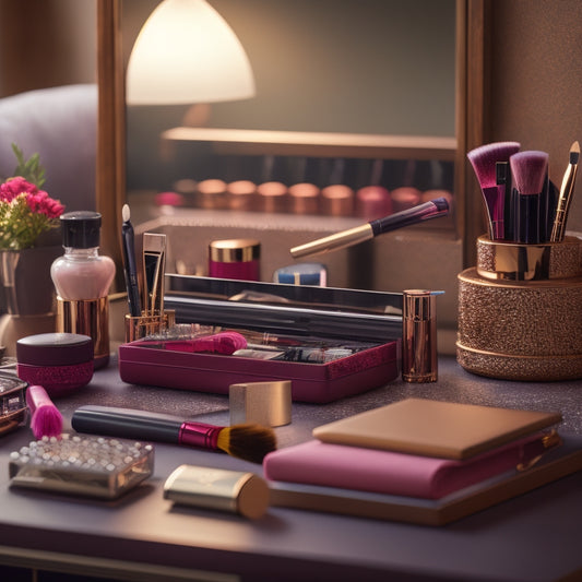 A cluttered makeup station with scattered brushes, lipsticks, and palettes, contrasted with a tidy, organized area in the background, featuring a neatly arranged vanity, a planner, and a clock.