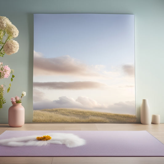 A serene, minimalist background with a suspended yoga mat, surrounded by scattered flowers, and a few gentle, swirling clouds in the top-left corner, evoking a sense of calm and flexibility.