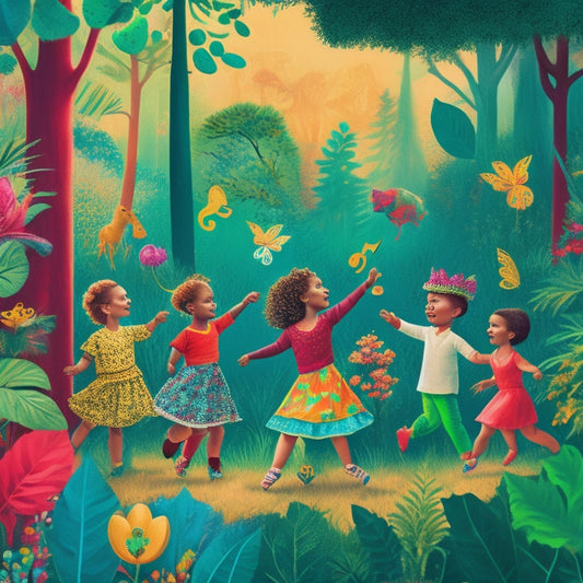 Vibrant illustration of children dancing in a lush forest, surrounded by towering trees, colorful flowers, and playful wildlife, with musical notes and leaves swirling together in joyful harmony.