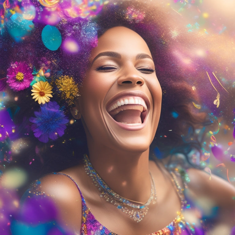 A vibrant, colorful illustration of a smiling woman in mid-dance, surrounded by swirling patterns of music notes, flowers, and confetti, with a subtle sparkle effect on her body, conveying joy and movement.