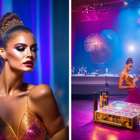 A split-screen image: one side, a dancer with flawless makeup, confident and radiant under bright stage lights; the other, a cluttered makeup station with scattered products and a frustrated dancer in the background.