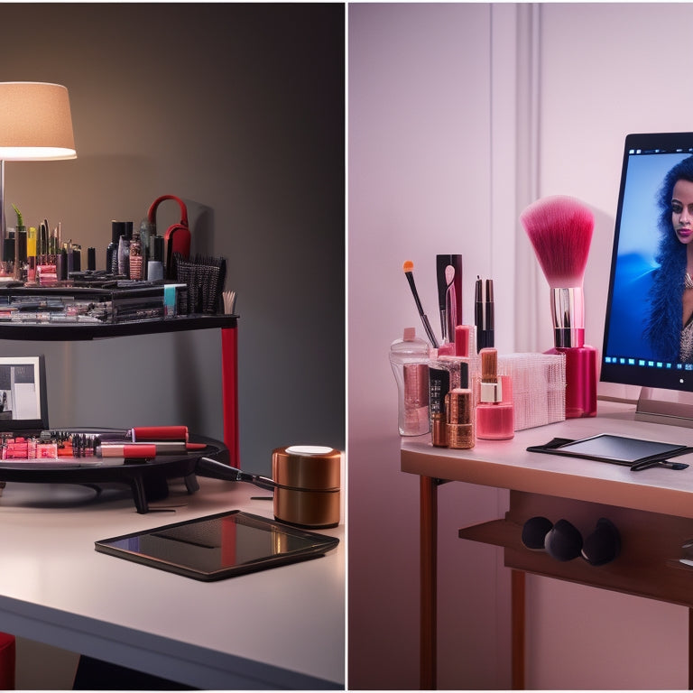 A split-screen image: on the left, a cluttered, dimly lit makeup station with scattered brushes and products, and on the right, a sleek, organized digital workspace with a tablet and headphones, surrounded by virtual makeup tools and tutorials.