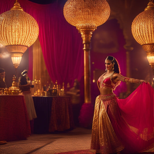 A vibrant, golden-lit dance studio with a beautiful, skilled belly dancer in a flowing, crimson skirt, surrounded by exotic fabrics, lanterns, and intricate Middle Eastern patterns.