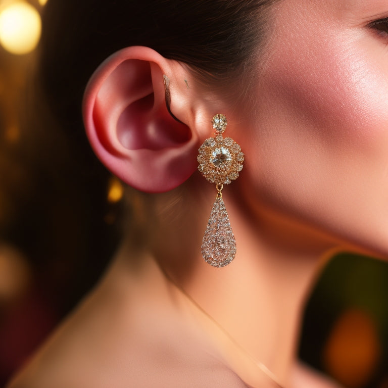 A close-up of a ballroom dancer's ear, adorned with a sparkling crystal earring, amidst a blurred background of a dance floor, with a subtle hint of twinkling lights.