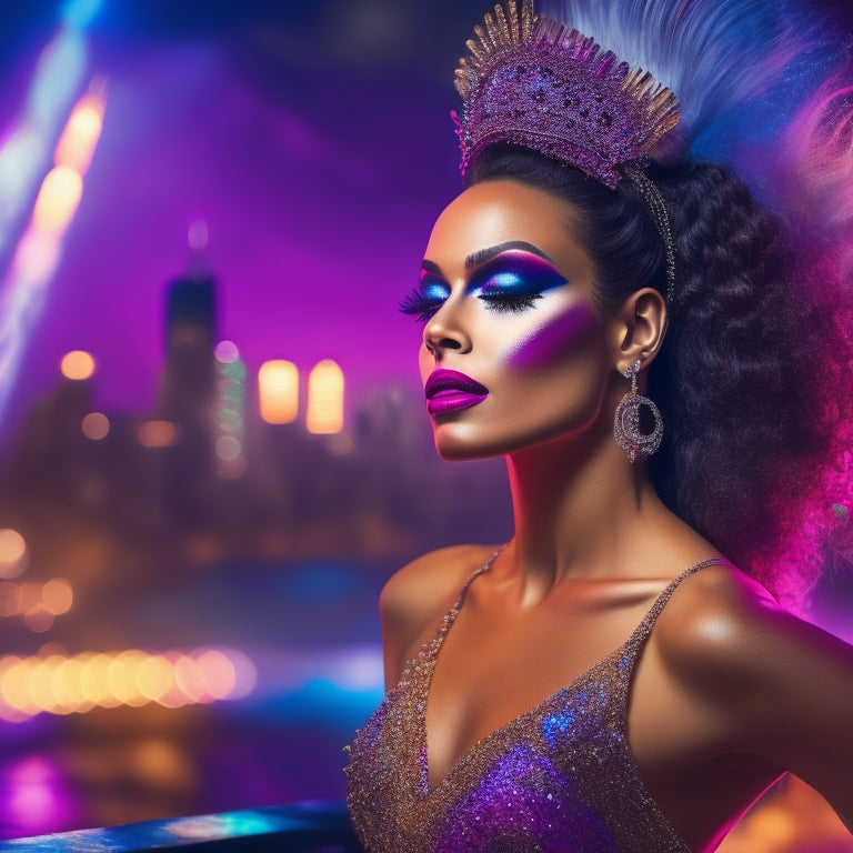 A glamorous, spotlight-lit dancer in a flowing costume, with bold, vibrant makeup, strikes a pose in front of a cityscape or stage background, surrounded by scattered makeup brushes and palettes.