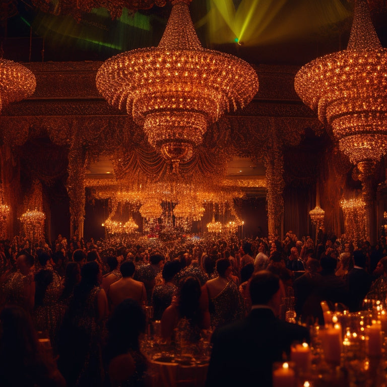 A dimly lit, lavish ballroom with a stunning chandelier, filled with joyful guests watching a mesmerizing belly dancer in a shimmering costume, surrounded by lush greenery and golden decorations.