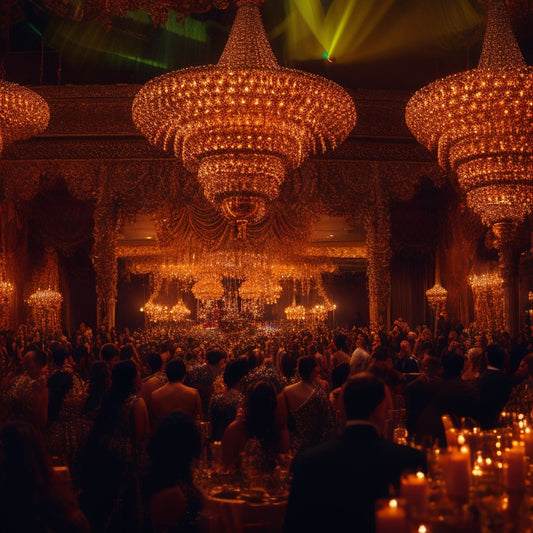 A dimly lit, lavish ballroom with a stunning chandelier, filled with joyful guests watching a mesmerizing belly dancer in a shimmering costume, surrounded by lush greenery and golden decorations.