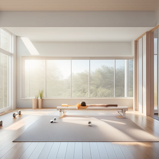 A serene, minimalist fitness studio with a sleek wooden floor, natural light pouring in through large windows, and a lone figure in a yoga pose, surrounded by scattered dumbbells and a yoga mat.