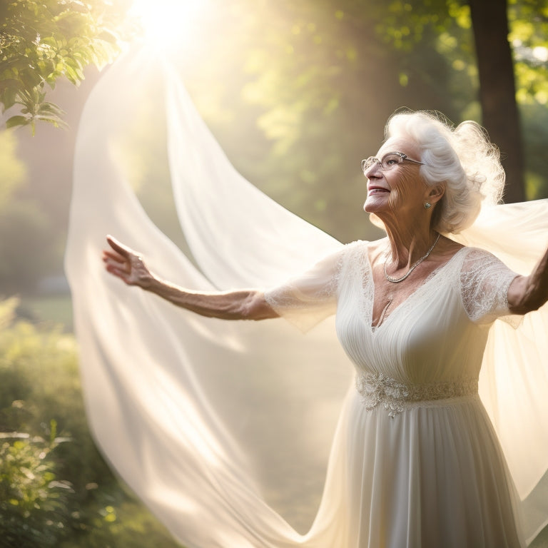 A serene, elderly woman with a gentle smile, surrounded by lush greenery, dancing with arms outstretched, her flowing white dress and veil flowing in the wind, amidst a subtle, shimmering light.