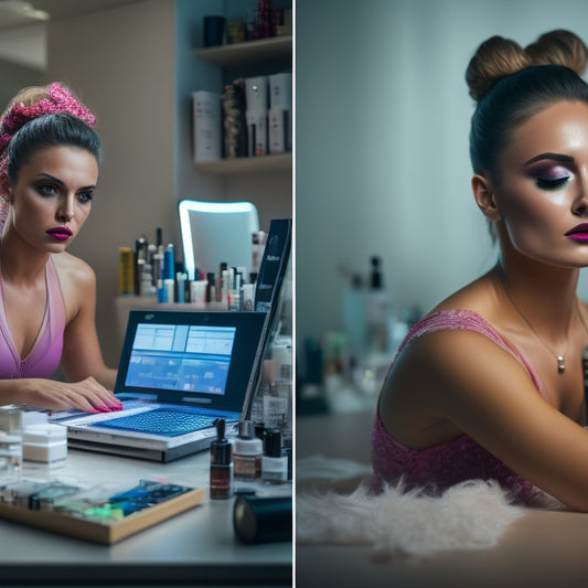 A split-screen image: a frustrated dancer in front of a messy vanity, surrounded by scattered makeup products, versus a calm dancer in front of a tidy vanity, with a laptop and organized makeup.