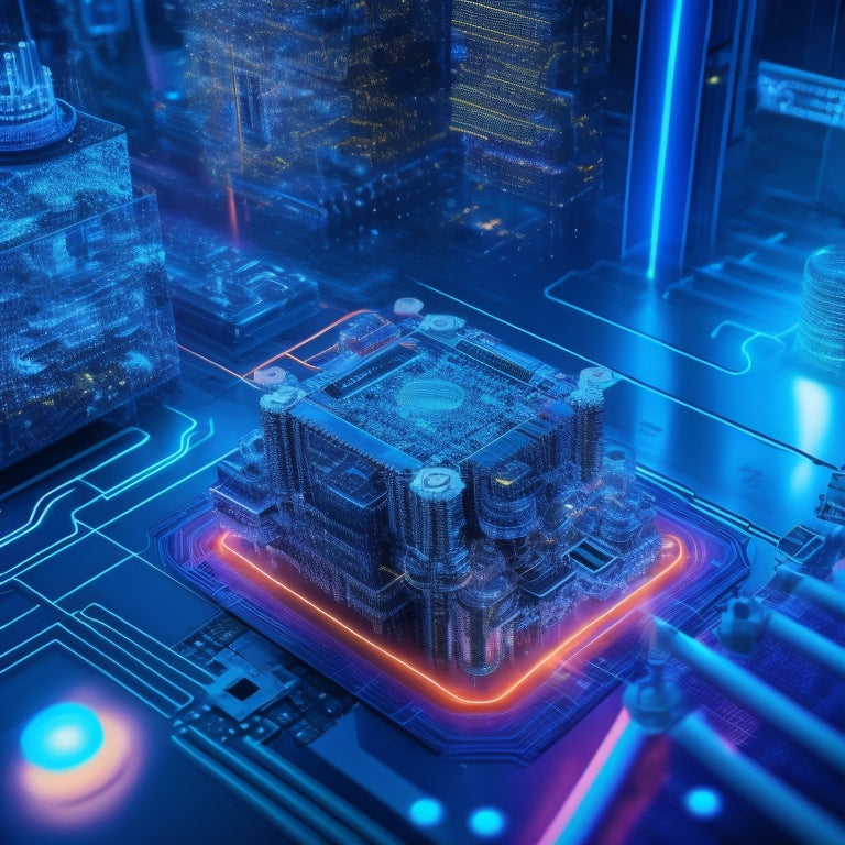 A futuristic, high-tech background with a large, glowing CSV file icon in the center, surrounded by orbiting product boxes, gears, and microchips, with neon-blue circuits and wires connecting them.