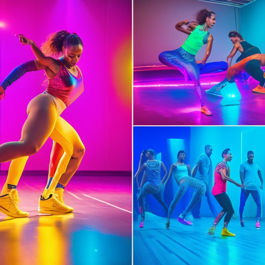 A vibrant dance studio filled with diverse dancers showcasing dynamic moves, wearing sleek Adidas dance shoes. The floor reflects colorful lights, while energy and rhythm pulse through the scene, highlighting footwear's style and performance.