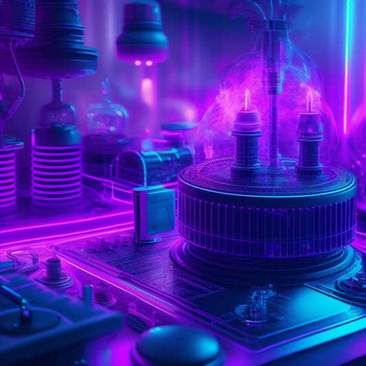 A neon-lit, futuristic blueprint with swirling patterns and abstract shapes, surrounded by retro-futuristic gadgets and vinyl records, amidst a haze of purple and pink fog.