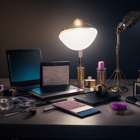 A glamorous, spot-lit makeup station with a laptop, smartphone, and various digital devices surrounded by makeup brushes, glittering eyeshadows, and a dance-inspired color palette.