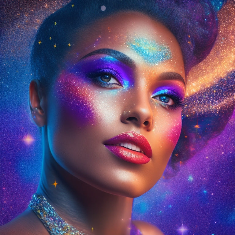 A vibrant illustration featuring a dancer's face with flawless, bold makeup, surrounded by dance-inspired elements like music notes, ballet shoes, and glitter, set against a bright, starry night sky.