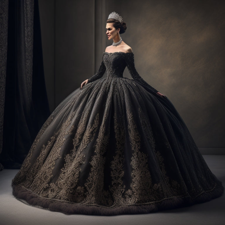 A lavish, floor-sweeping ball gown with intricate beading, delicate lace, and layers of tulle, set against a rich, velvet-black background, with subtle, shimmering highlights and dramatic shadows.