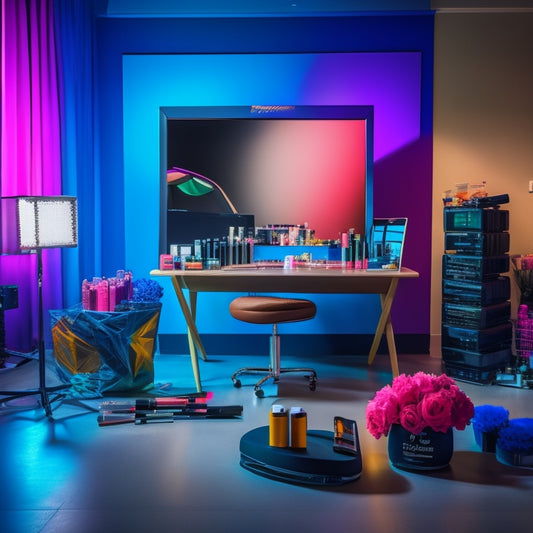 A vibrant, well-lit dance studio with a large mirror, a ballet barre, and a laptop on a nearby table, surrounded by various makeup products and brushes, with a few dance shoes scattered around.