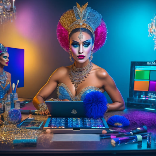 A colorful, glamourous image featuring a beautiful, made-up dancer in a sparkling costume, surrounded by makeup brushes, palettes, and mirrors, with a laptop or tablet in the background.