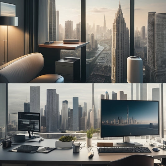 A split-screen image featuring a cityscape with towering skyscrapers on one side, and a minimalist, modern workspace with sleek computers and design tools on the other, bridged by a giant camera lens.