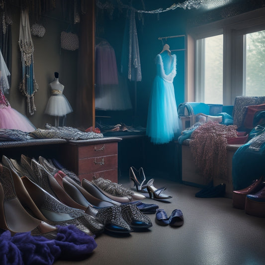 A ballet dancer's cluttered dressing room with scattered dance costumes, shoes, and accessories, amidst a subtle background of faint sweat droplets and mist, conveying a sense of post-performance chaos.
