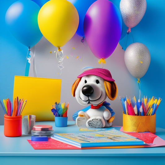 A playful illustration of Snoopy sitting at a desk, surrounded by colorful pens and papers, holding a small planner, with confetti and balloons floating above, against a bright blue background.